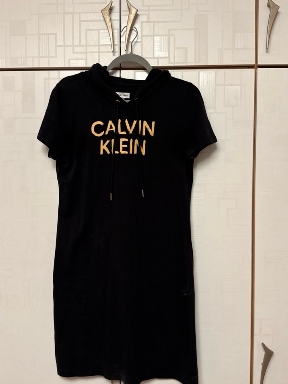 Calvin Klein Black Hoodie Dress with Gold Eyelets and Logo